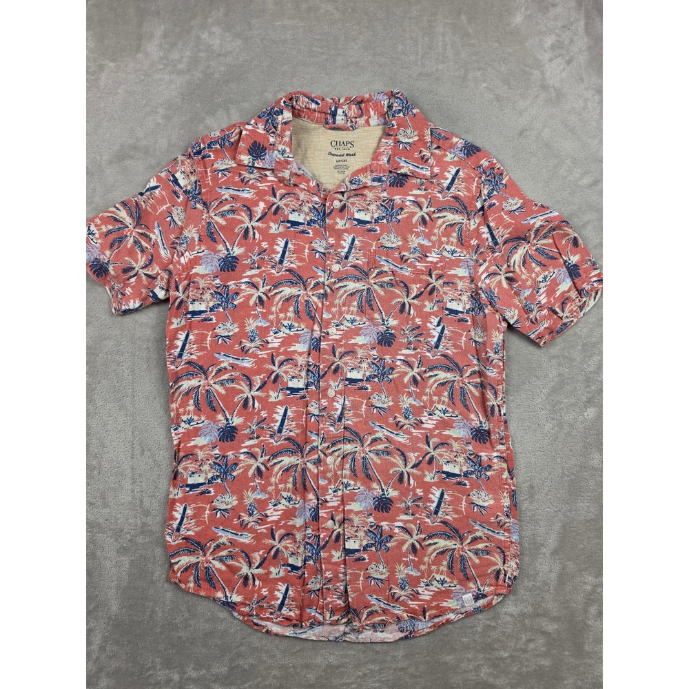 Chaps Button Up Shirt Men Small Red Tropical Palm Tree Linen Blend Seacoast Wash